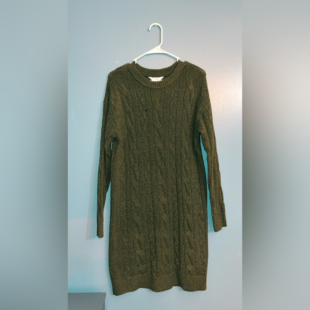 Cable Knit Sweater Dress in Olive Green